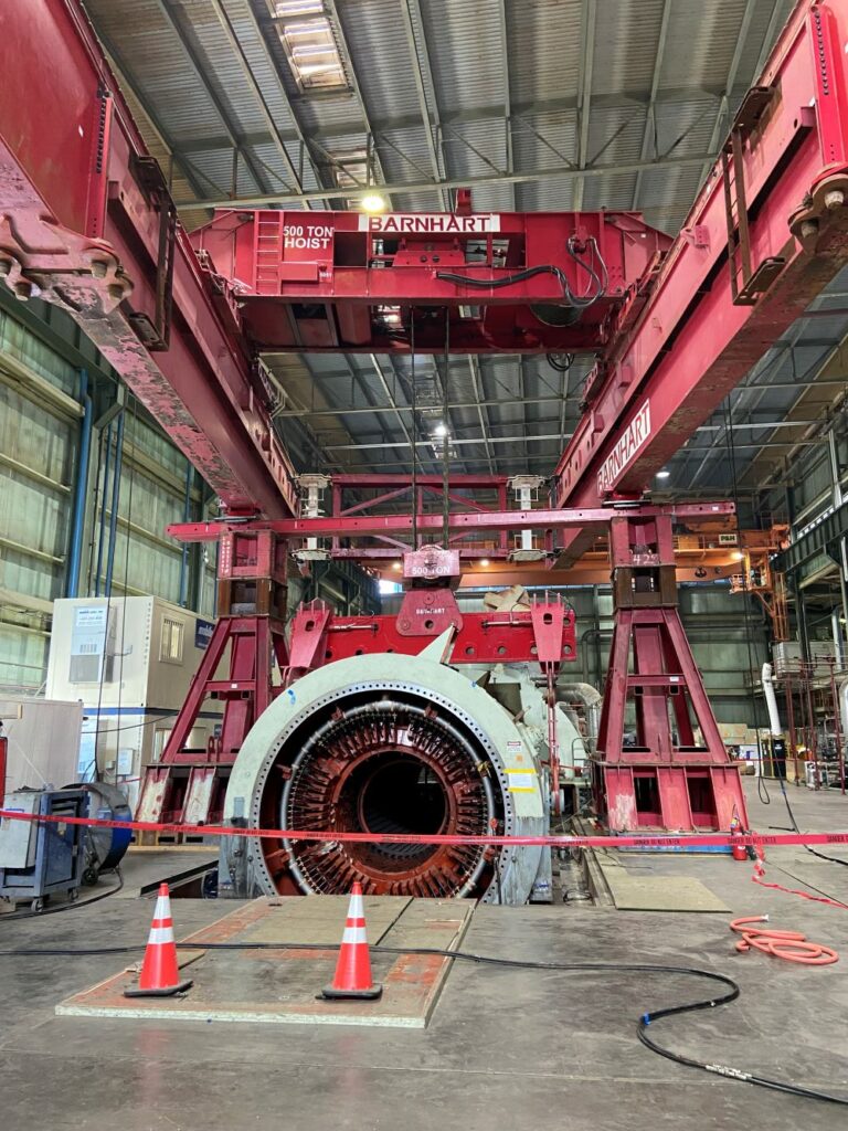 Barnhart removes a failed stator at a Missouri power plant that was replaced with a stator from a Louisiana plant 700 miles away.